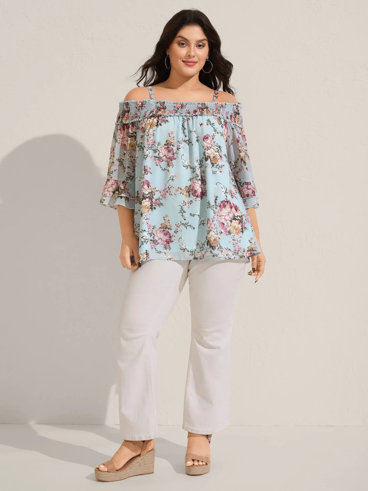 Shirred Off-Shoulder Chiffon Floral Blouse