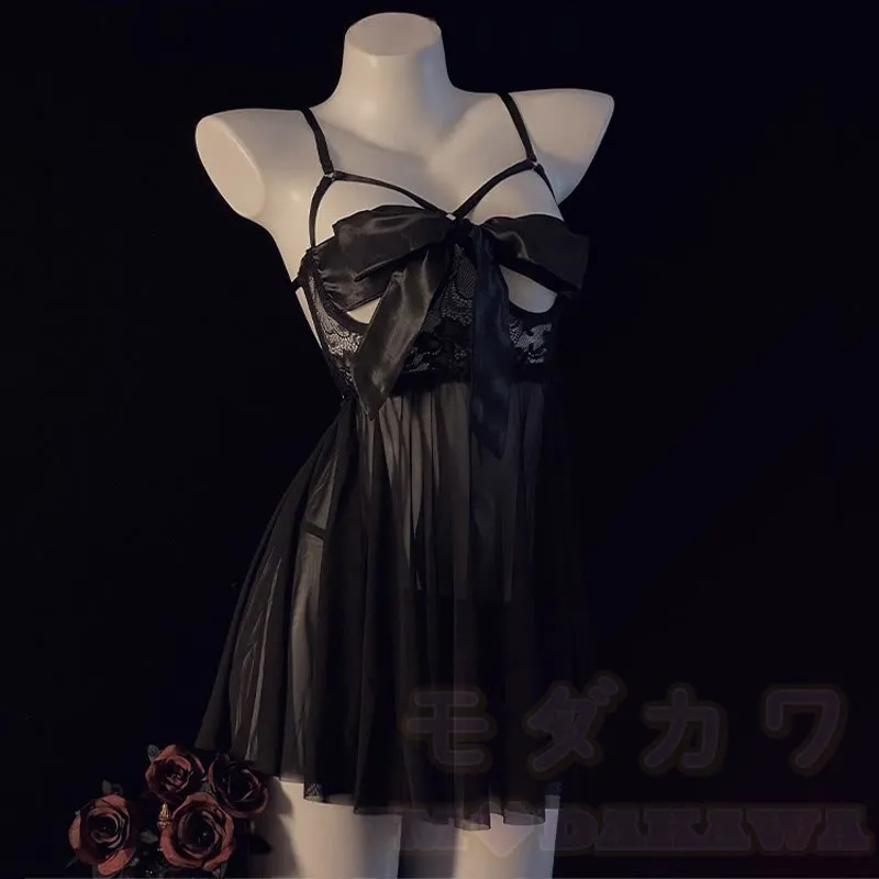 Bow Lace Hollow Out See Through Split Nightdress