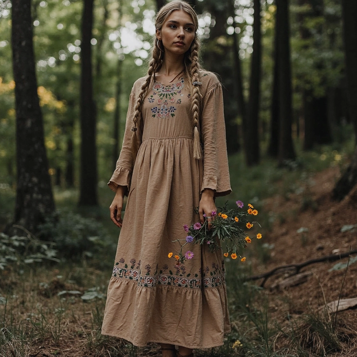 Women's Floral Embroidered Cotton Linen Vintage Dress