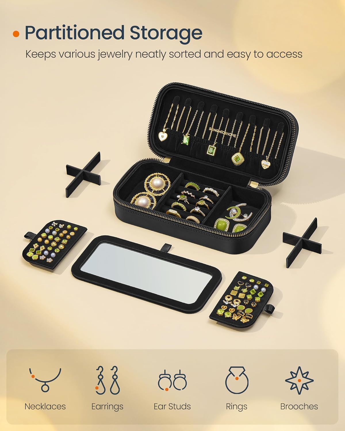 Jewelry Box Organizer with Mirror,Portable, Zippers, Gift Idea