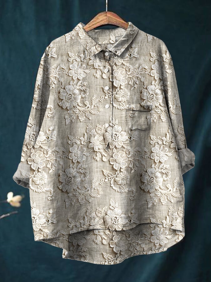 Women's Floral Embroidery Printed Cotton And Linen Shirt