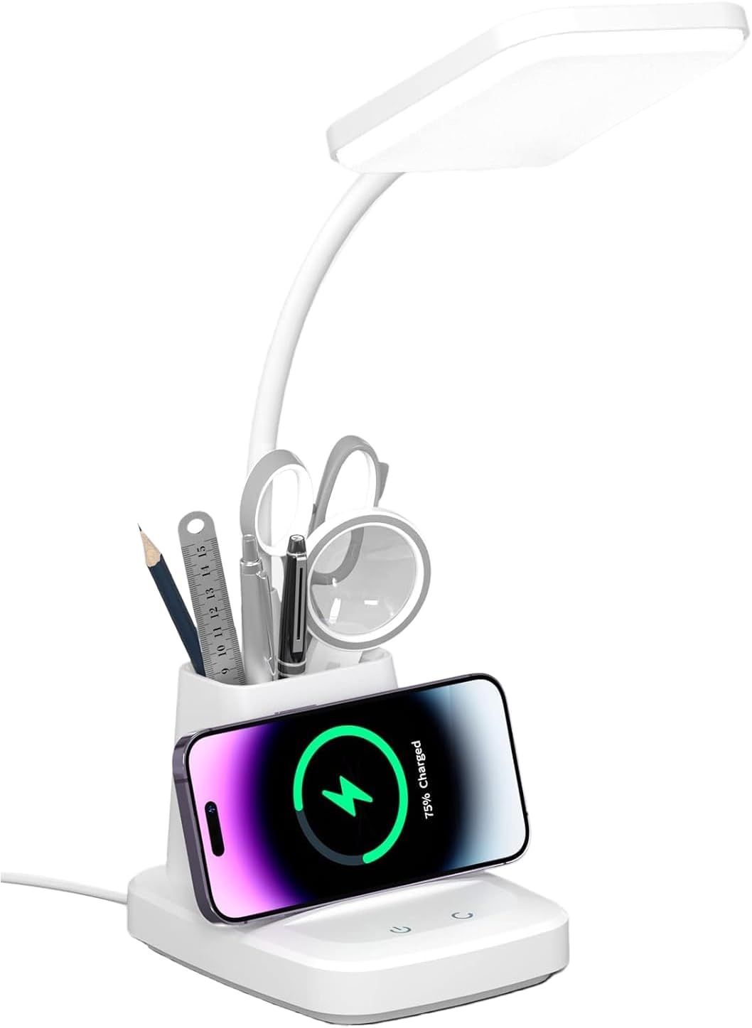 Desk Lamp with Wireless Charger, LED Desk Lamps for Home Office, 800 Lumens, Small Desk Lamp with Pen Holder, Flexible Arm, 3 Modes, Dimming, Touch Lamp for College Dorm Room