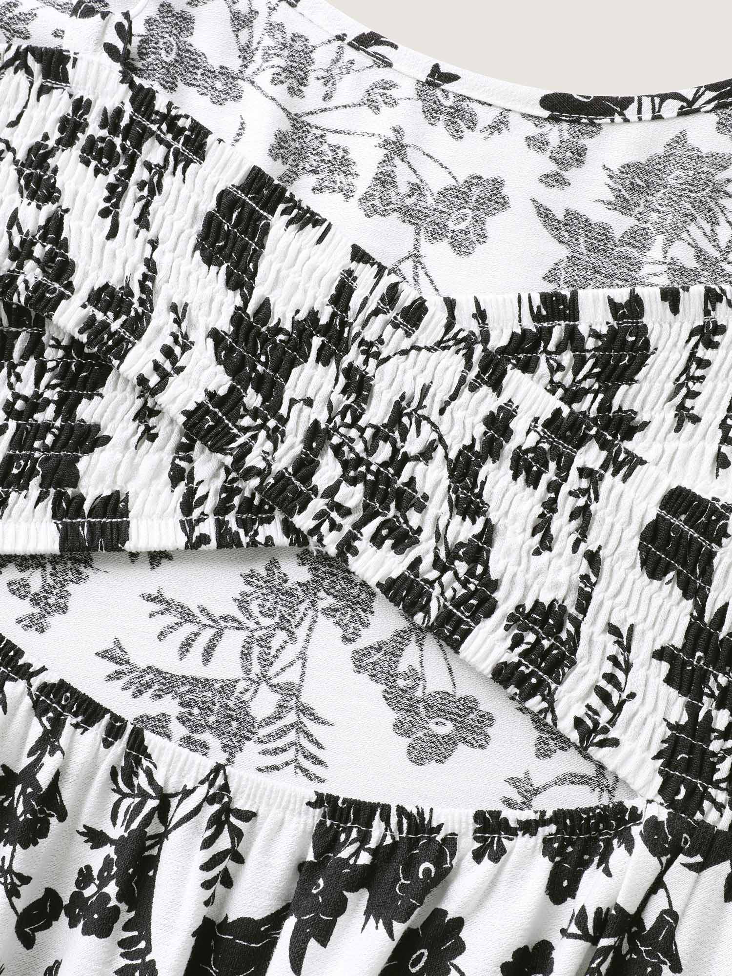 Monochrome Florals Shirred Backless Midi Dress