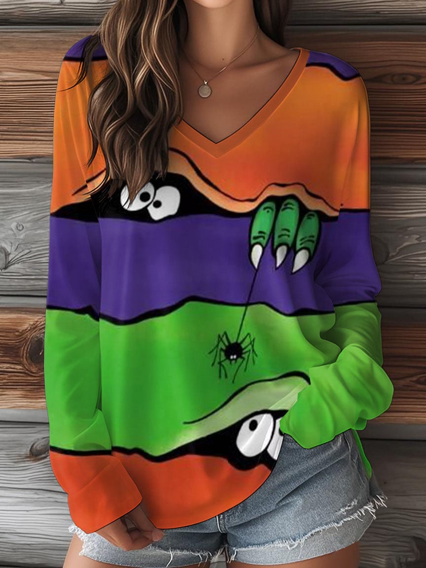 Women's Retro Halloween Peekaboo Monster Print Top