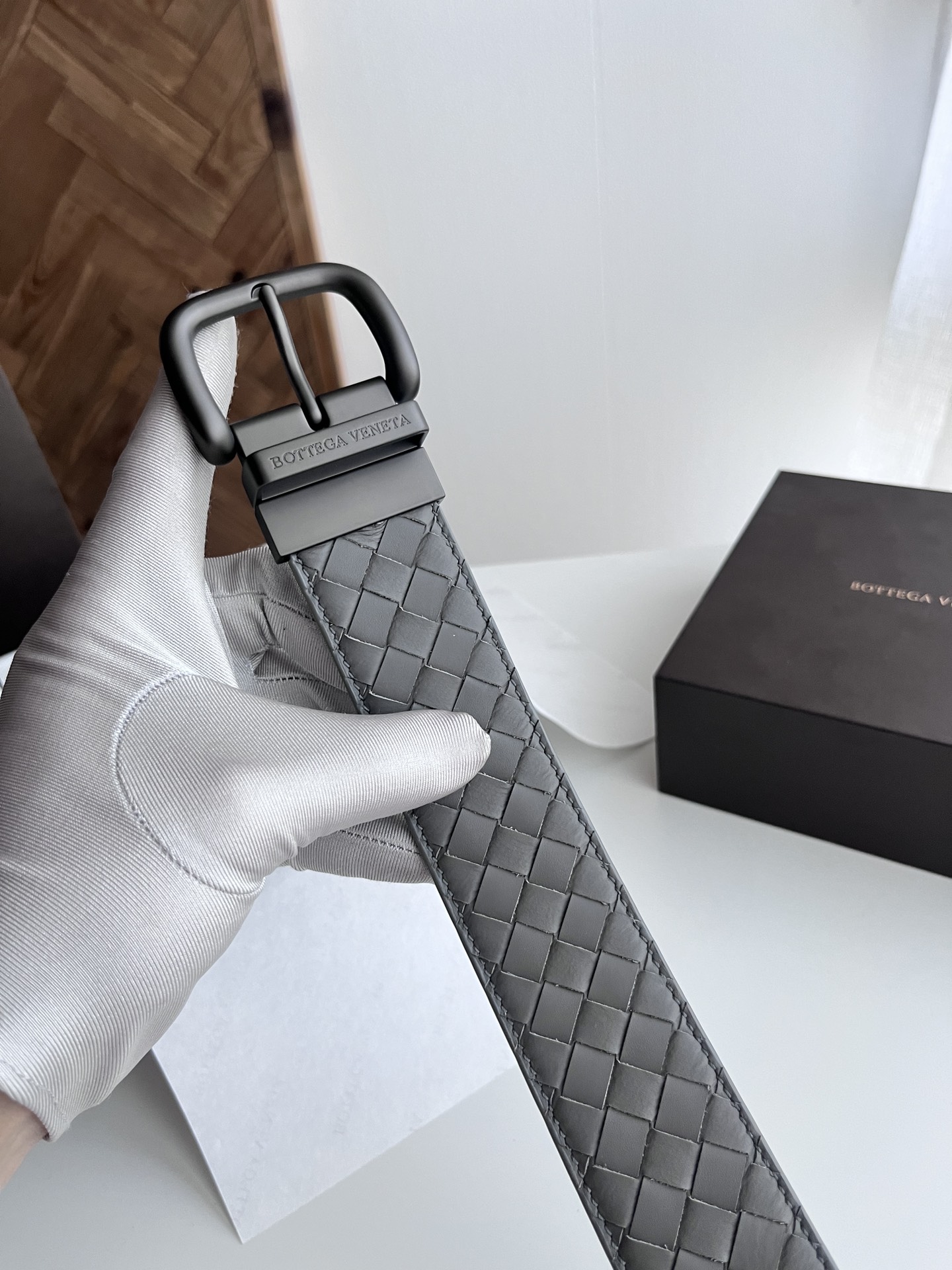 Bottega Veneta intreccio woven cowhide double-sided belt width 4.0cm