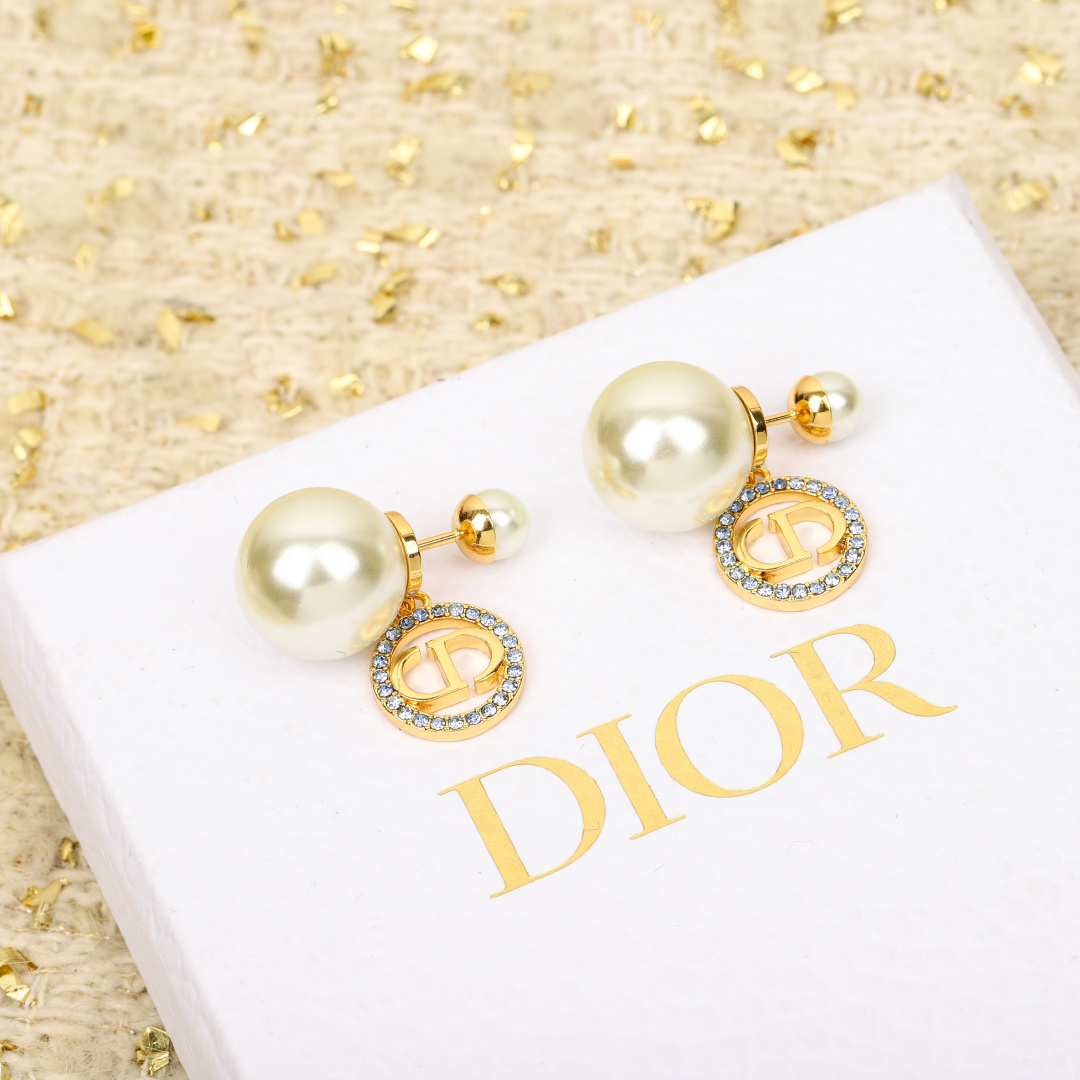 Dior Round Crystal CD Double Ball Pearl Earrings