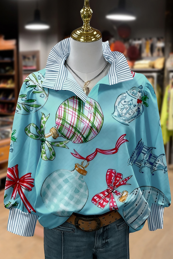 Christmas Ornaments Print Striped Collar Top