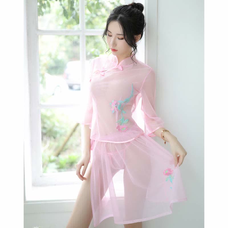 Vintage Floral Embroidery Transparent Mesh Hanfu Lingerie Set
