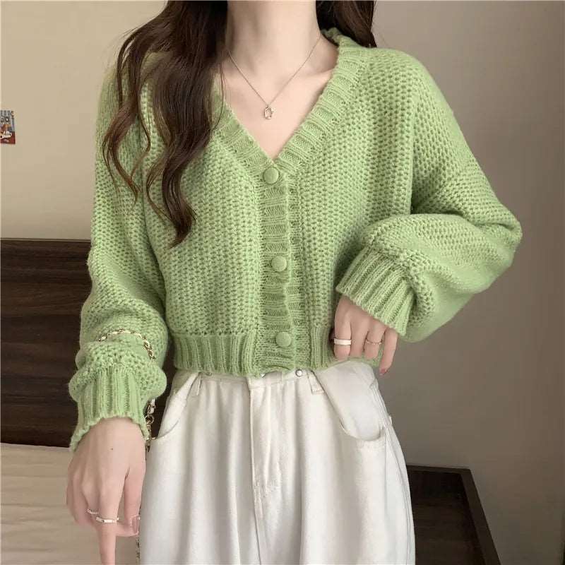 Button-Up V-Neck Knit Cardigan