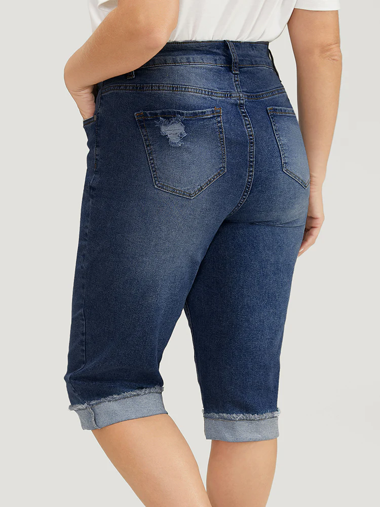 Moderately Stretchy Roll Hem Ripped Knee Denim Shorts