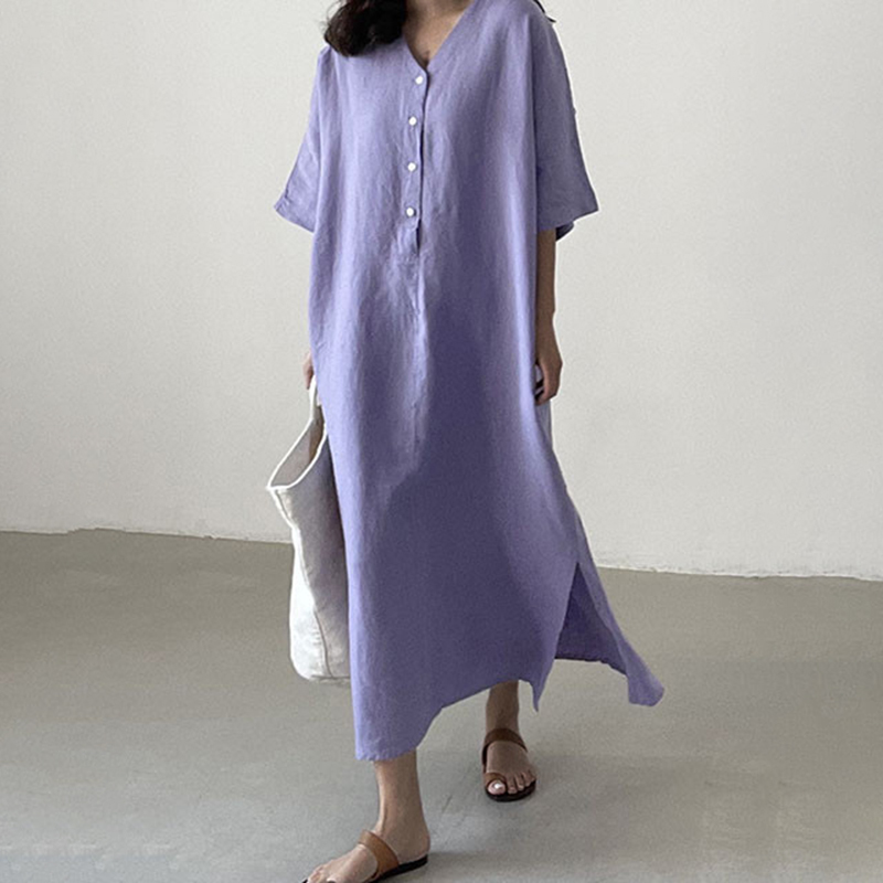 Button Down V Neck Comfy Maxi Dress