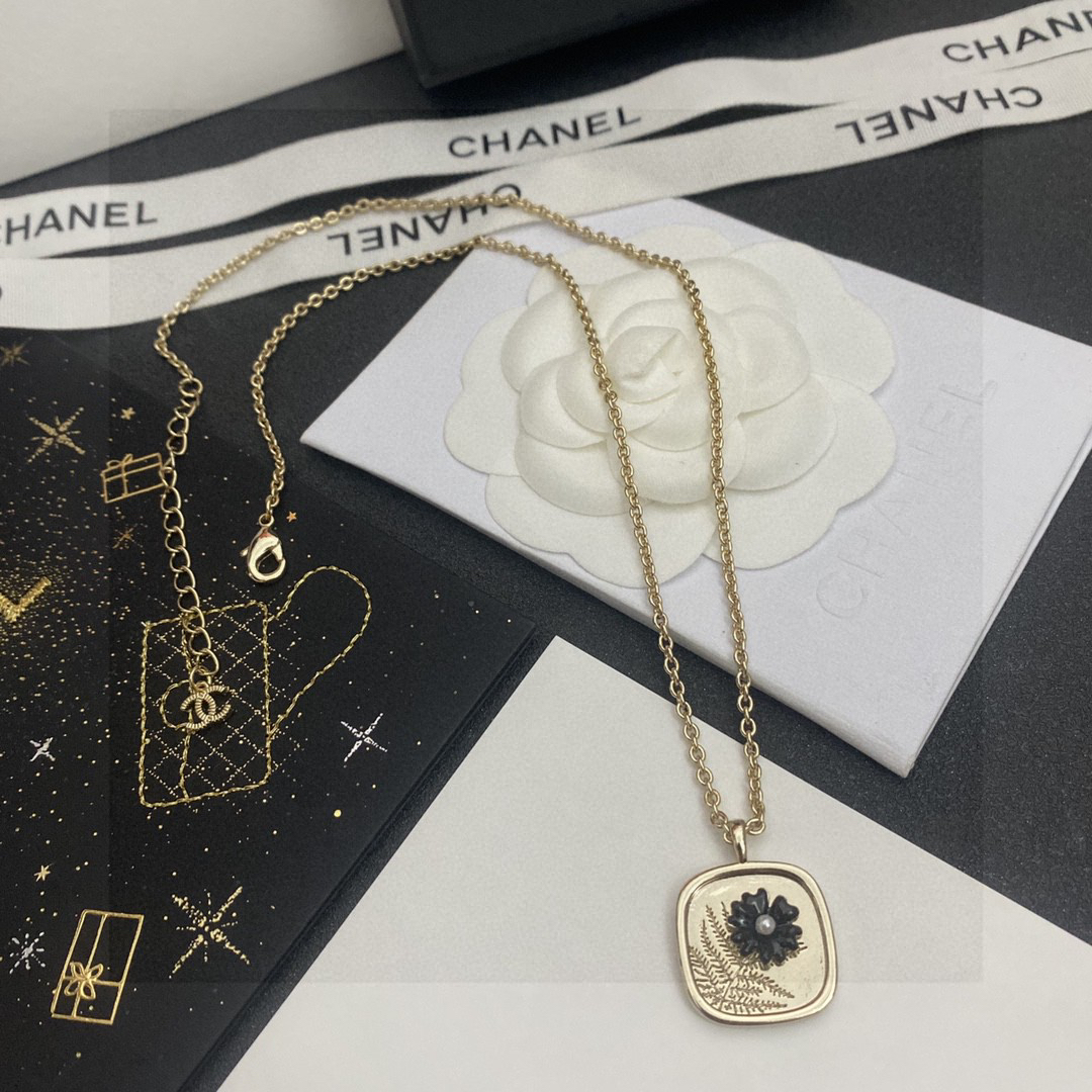 Chanel Square 3D Floral Image Pendant Necklace