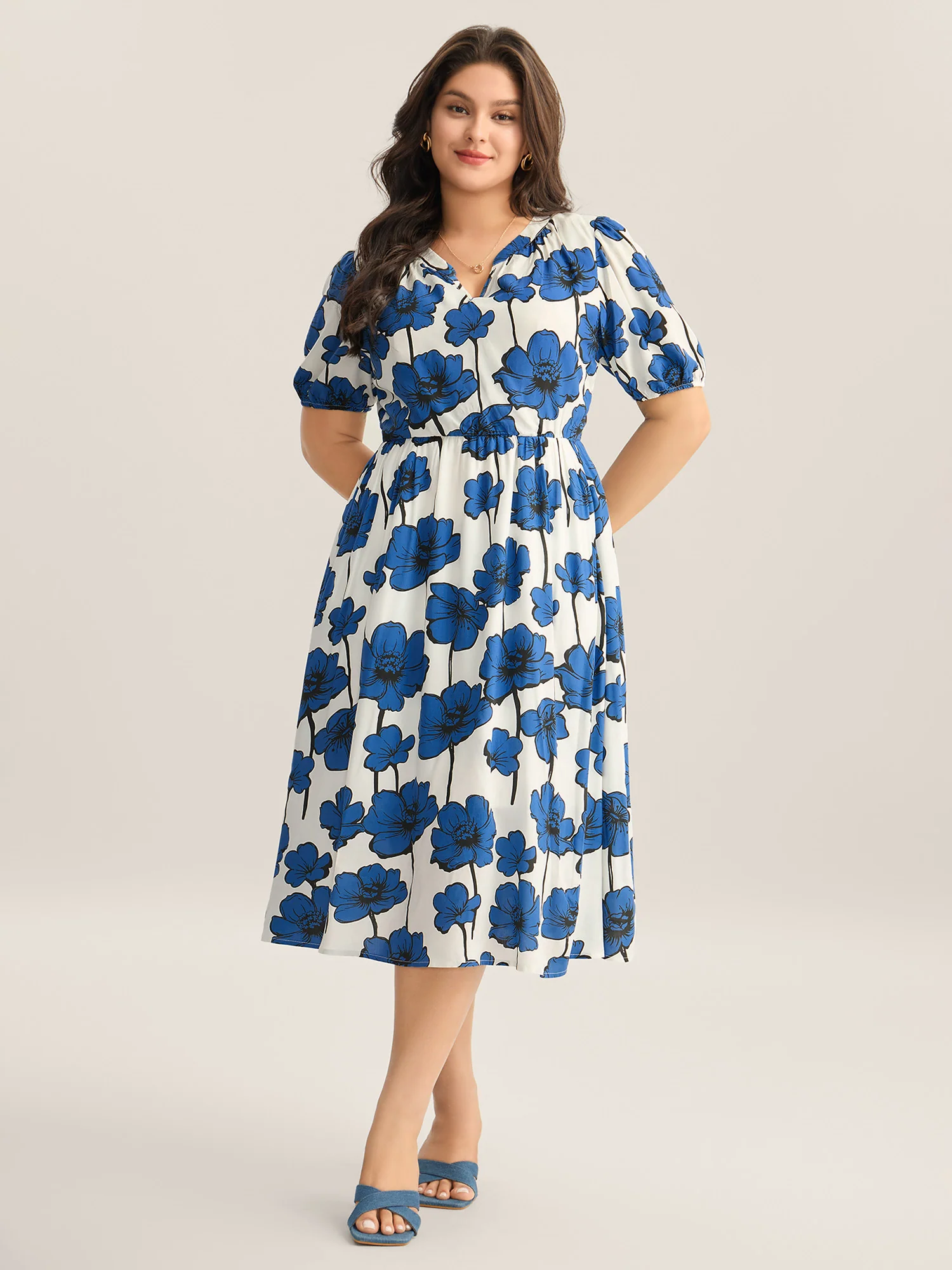 Large Floral Print Notched Collar Midi Dress