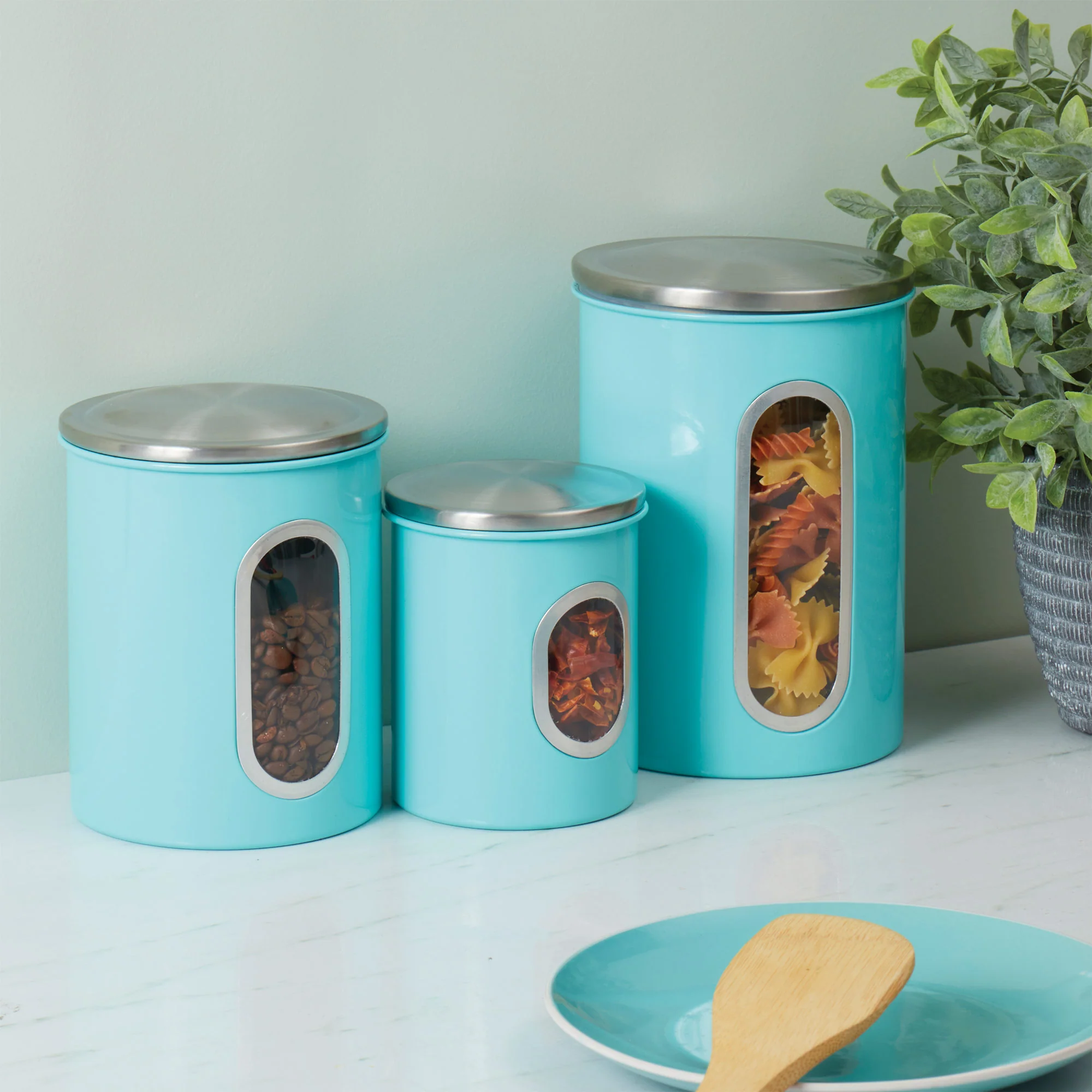 Home Basics 3 Piece Stainless Steel Top Canisters with Windows, Turquoise