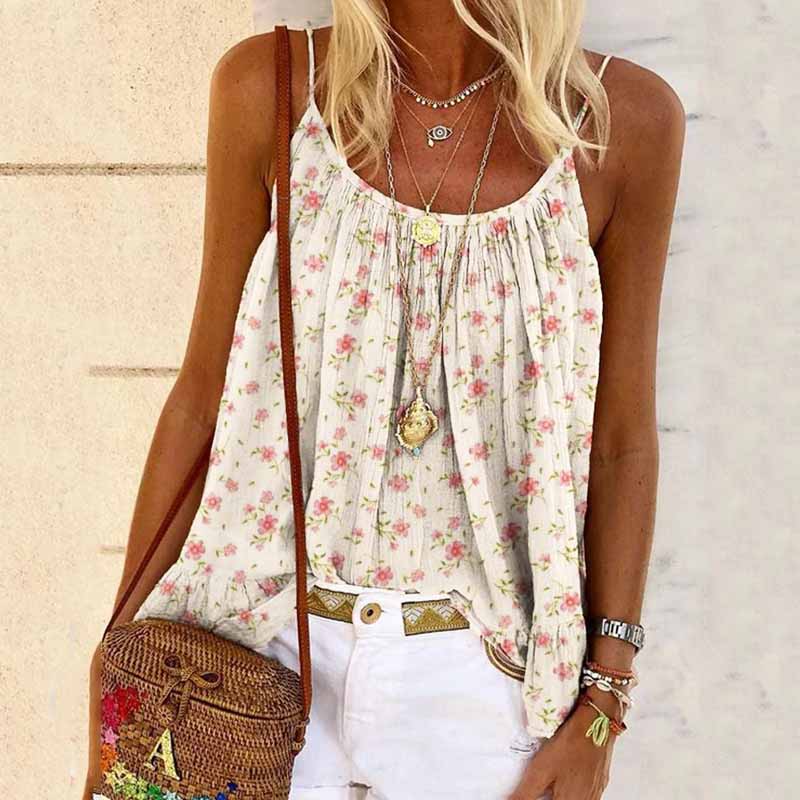 Cottage Floral Ruffle Pleated A Line Cami Top