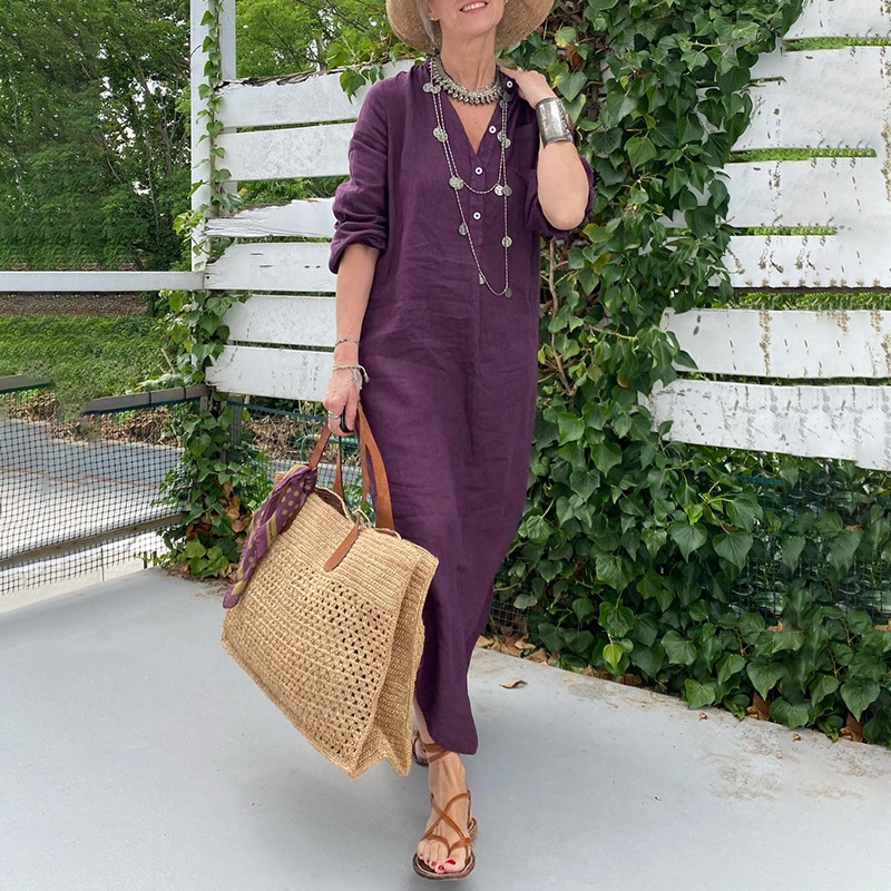 Solid Color Comfortable Casual Loose Fitting Long Sleeved Maxi Dress
