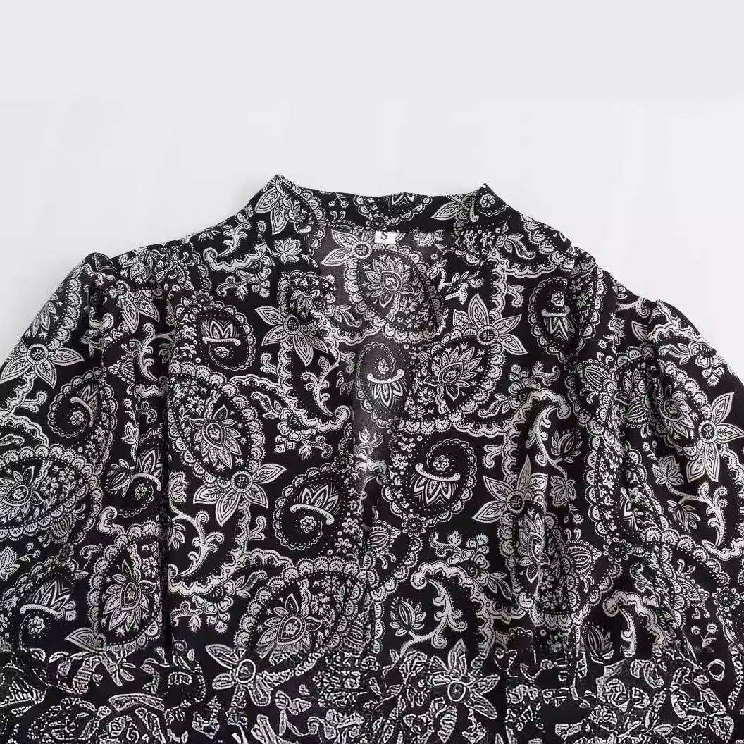 Women's French-Style Floral Print Dress, Waist-Controlled and Slimming with Long Sleeves