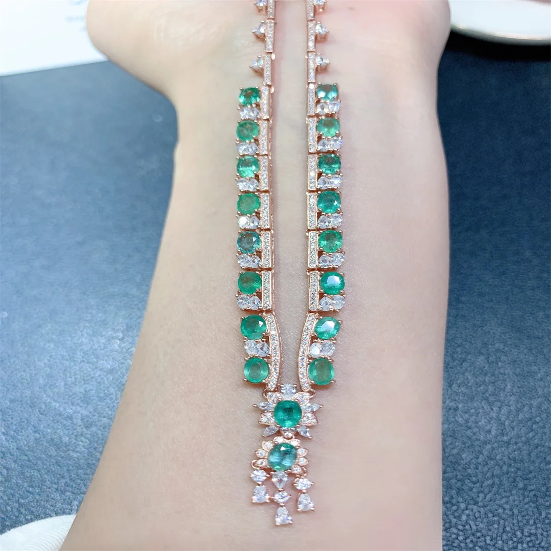 Natural Emerald Chain Row Necklace Christmas Pendant Women's Necklace Gem 925 Sterling Silver Jewelry Certified Boutique