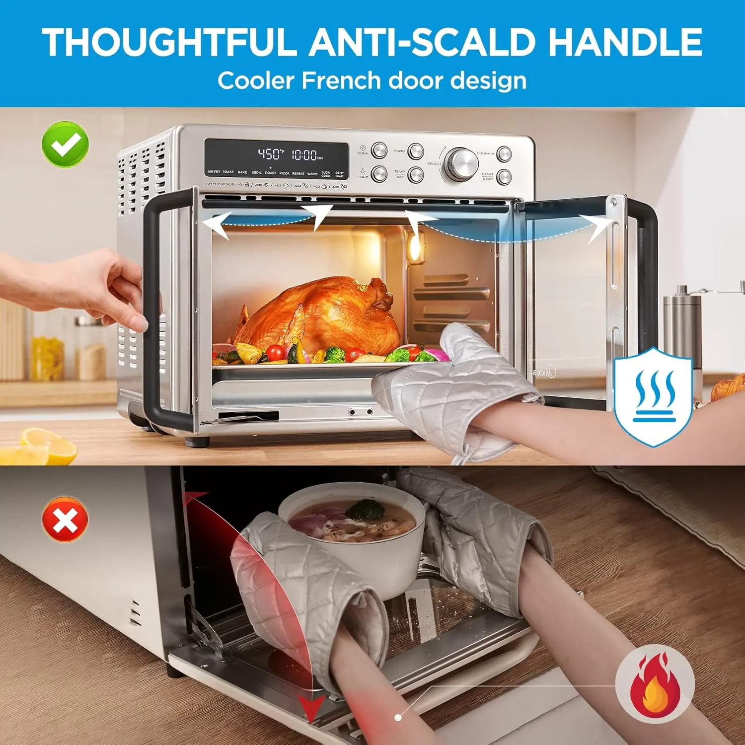 [2026 Kitchen Hack]  French Door Air Fryer Toaster Oven Combo 26.4 QT, Extra Large Countertop Air Fryer Oven 10-in-1 Combo 25% Faster Cooking & 90% Less Oil, Elegant Design Convection Fan, Gift of the Season