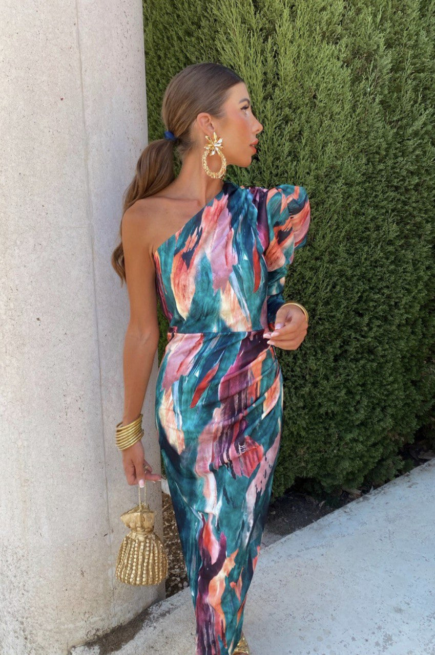 Purple Puff One Shoulder Midi Dress