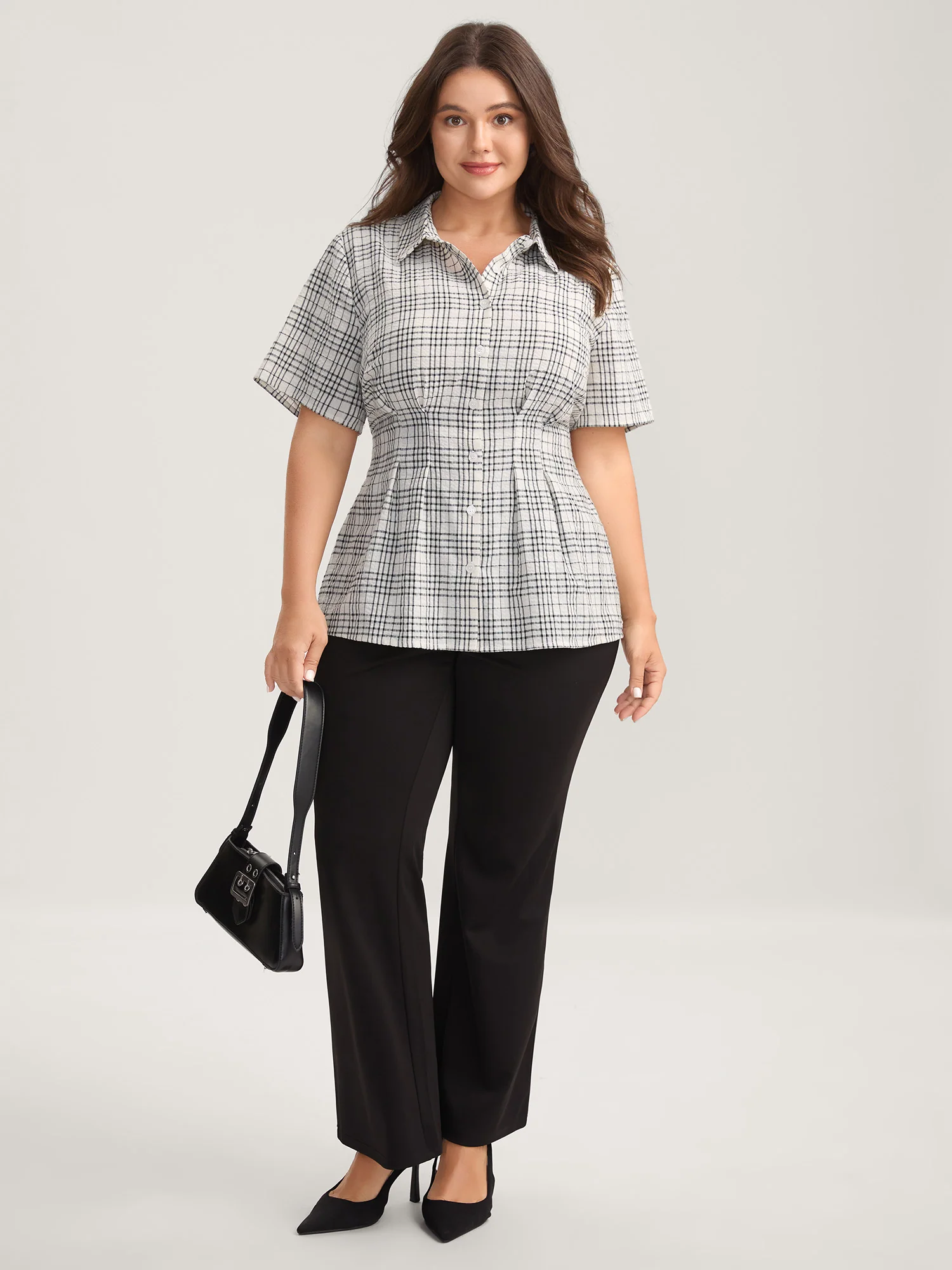 Cotton Plaid Sculpted Button Placket Blouse