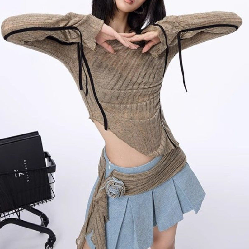 Women's Vintage Slim-Fit Sweater with Woven Shirt Design