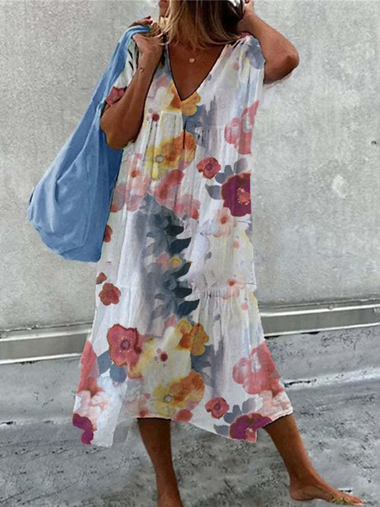 Watercolor Flower Art V Neck Midi Dress