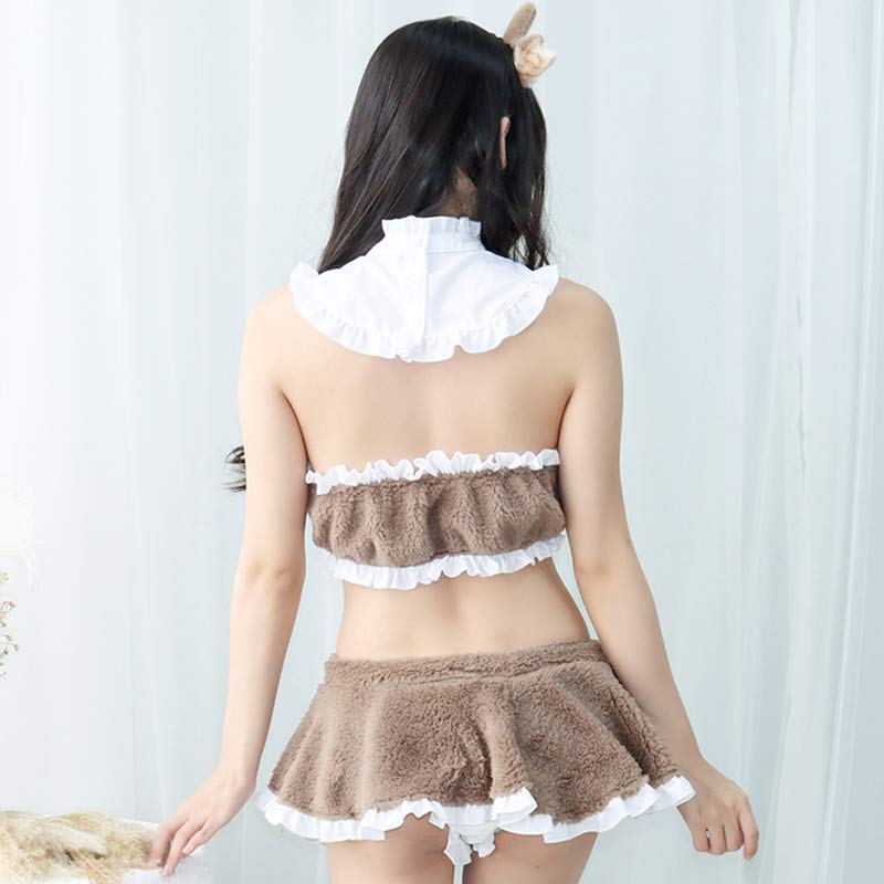 Love Heart Hollow Cat Ears Plush Lingerie Set