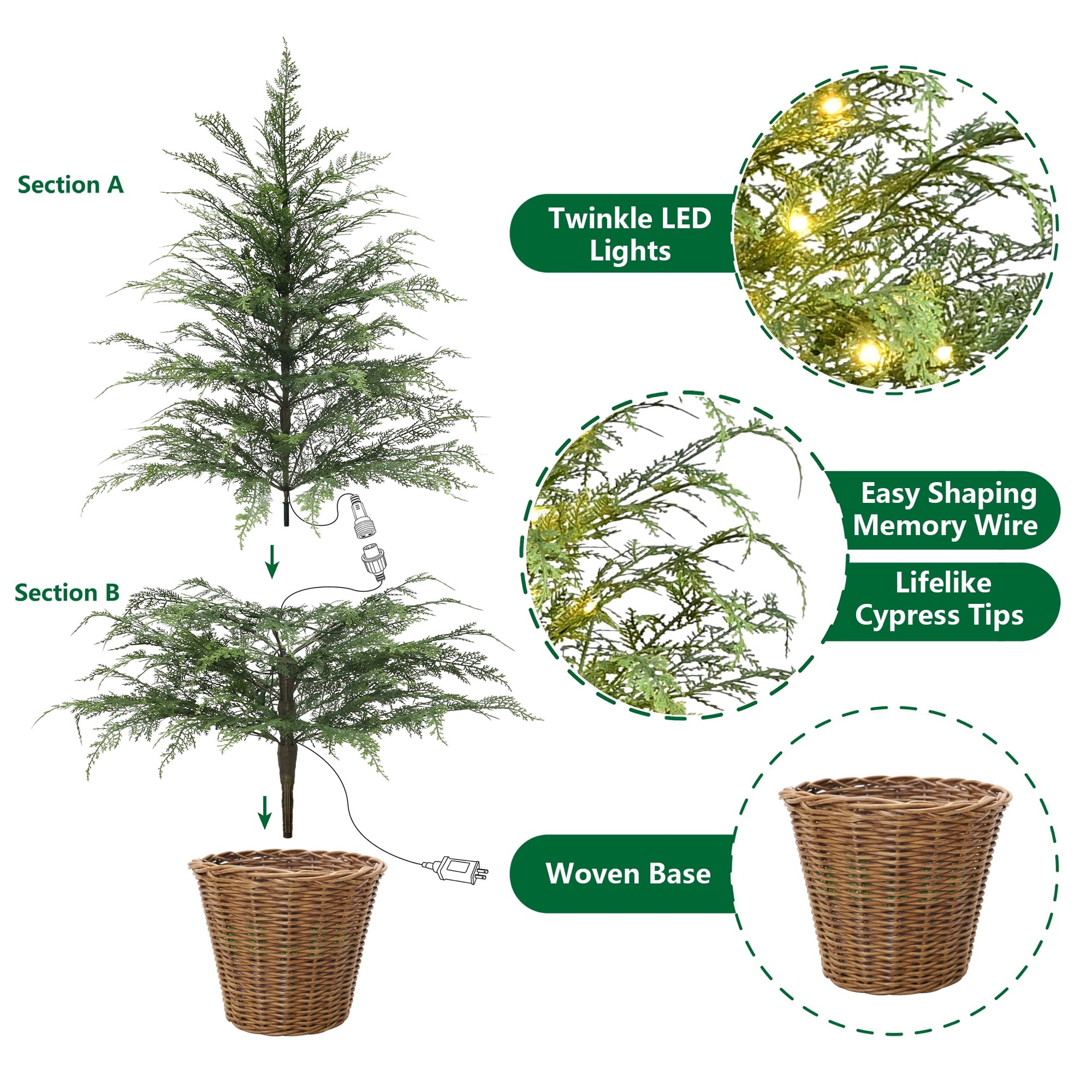 🎄Early Christmas Sale🔥Pre-Lit Green Cypress Artificial Christmas Potted Tree with White Twinkle LED Lights