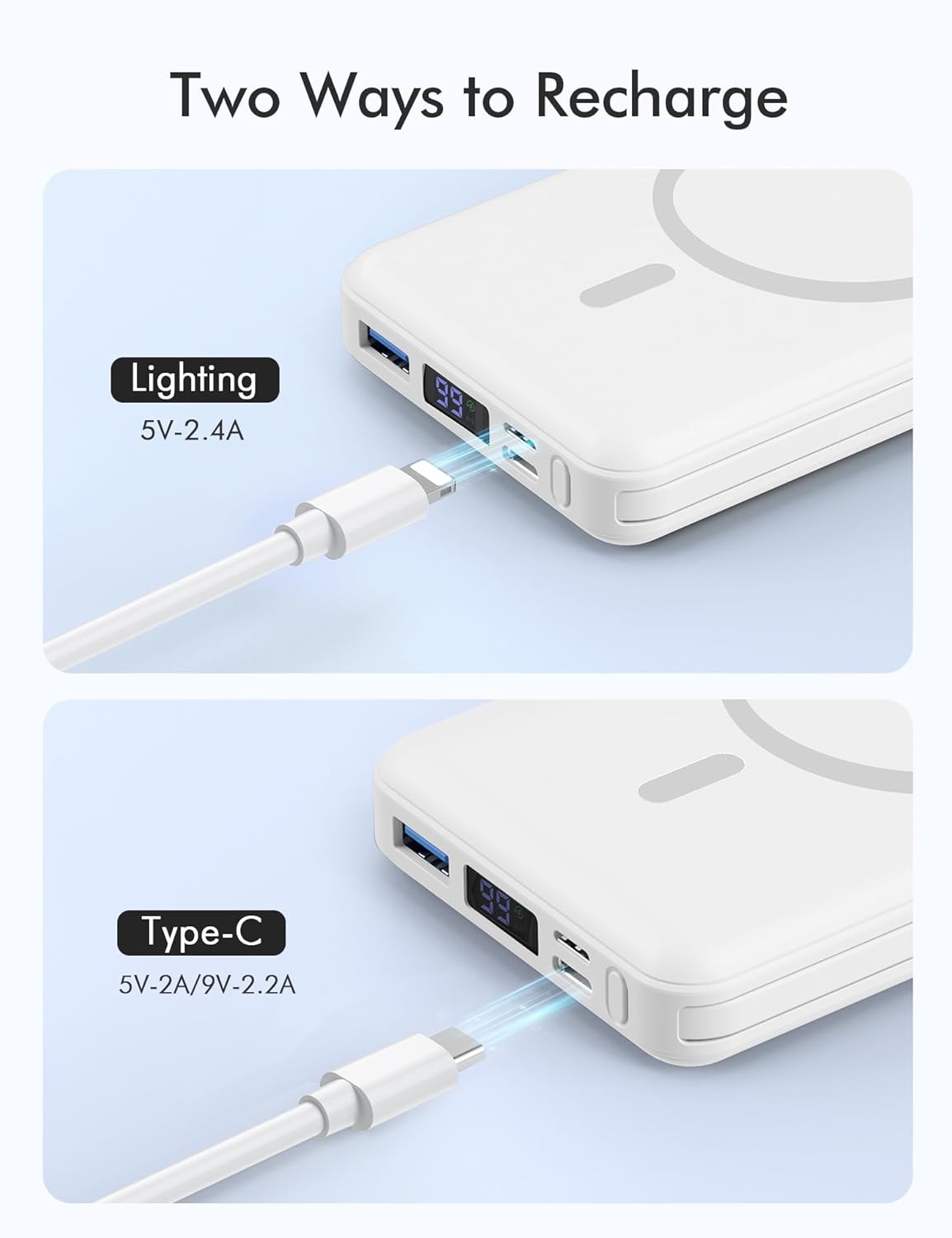 podoru Wireless Portable Charger, 10000mAh Magnetic Power Bank Built-in USB-C Lighting Cables 22.5W PD Fast Charging LED Display Mag-Safe Battery Pack for iPhone 15/14/13/12/Mini/Pro/Pro Max - White