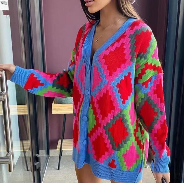 Loose Knitted Geometric Cardigan Sweater Coat