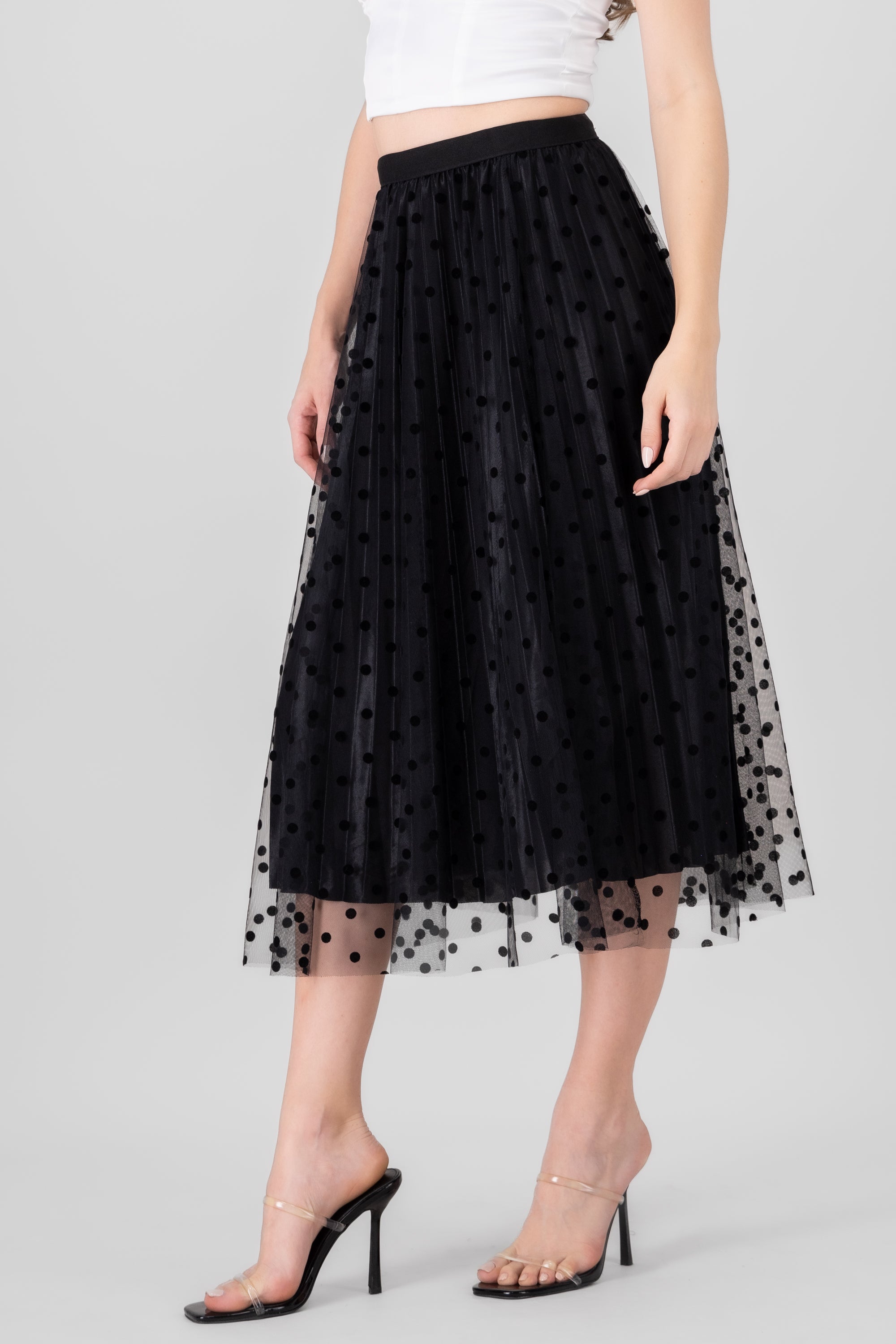 Flocked Polka Dots Midi Skirt