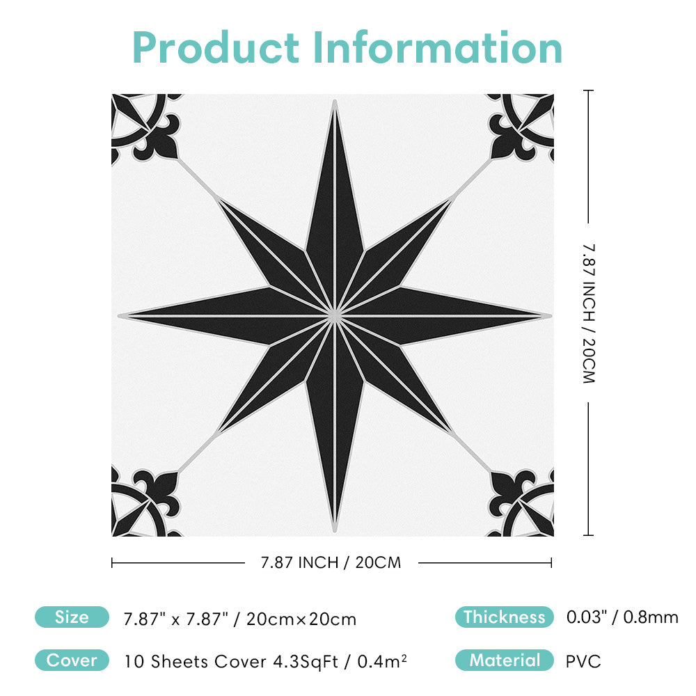 Black and White Star Peel and Stick Vinyl Floor Tile Sticker