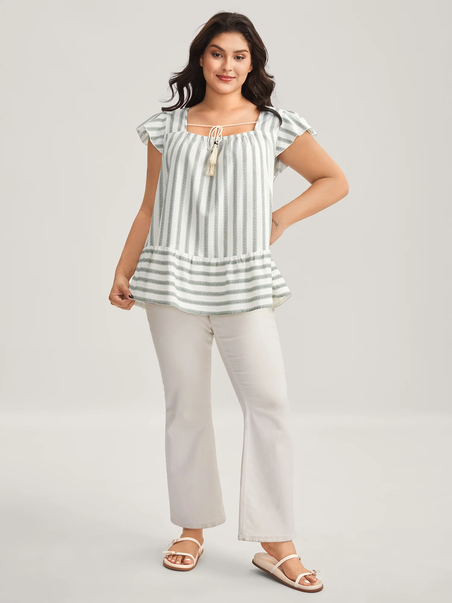 Classic Stripes Square Neck Tassels Blouse