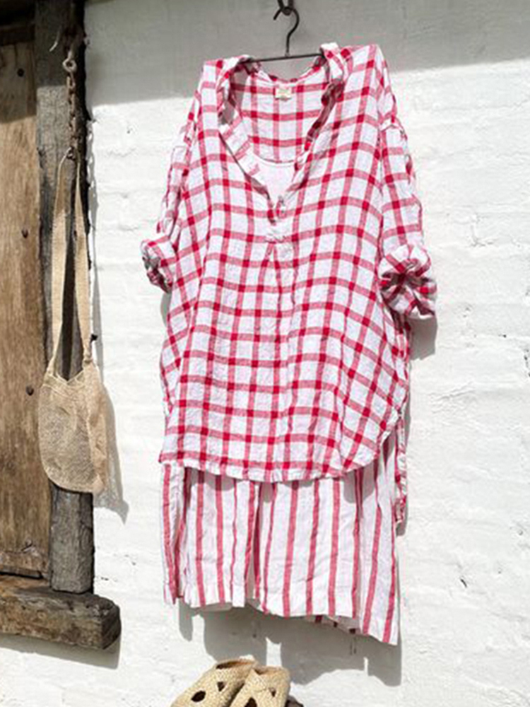 Loose Cotton Linen Plaid Shirt