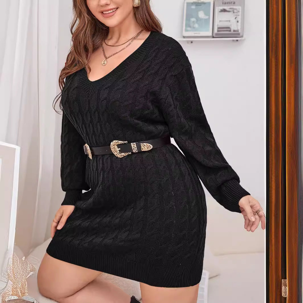 Sweater Dress Women Clothing Custom One Piece Woolen V Neck Knitted Dress No Belt