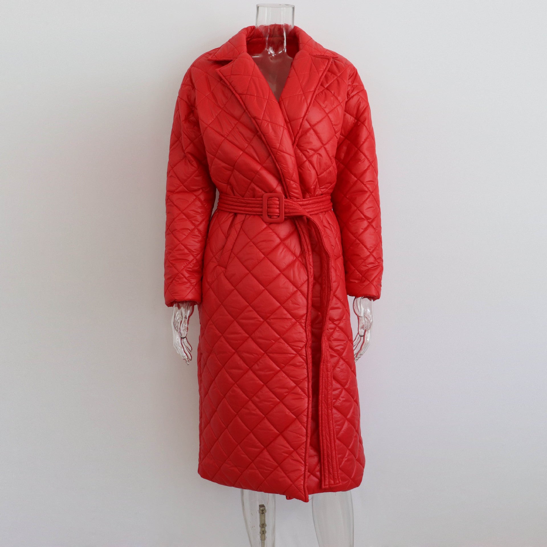 Warm Keeping Cotton Clothing Cotton Padded Coat for Winter Women Rhombus Cotton-Padded Jacket Waist Tight Long Cut Coat Plus Size Coat for Women