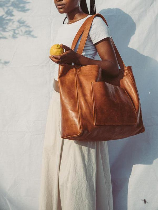 Women's Large Soft Leather Tote Bag With Pocket