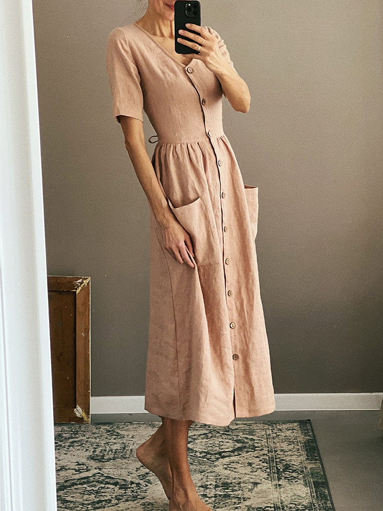 Solid V Neck Button Pocket Midi Dress