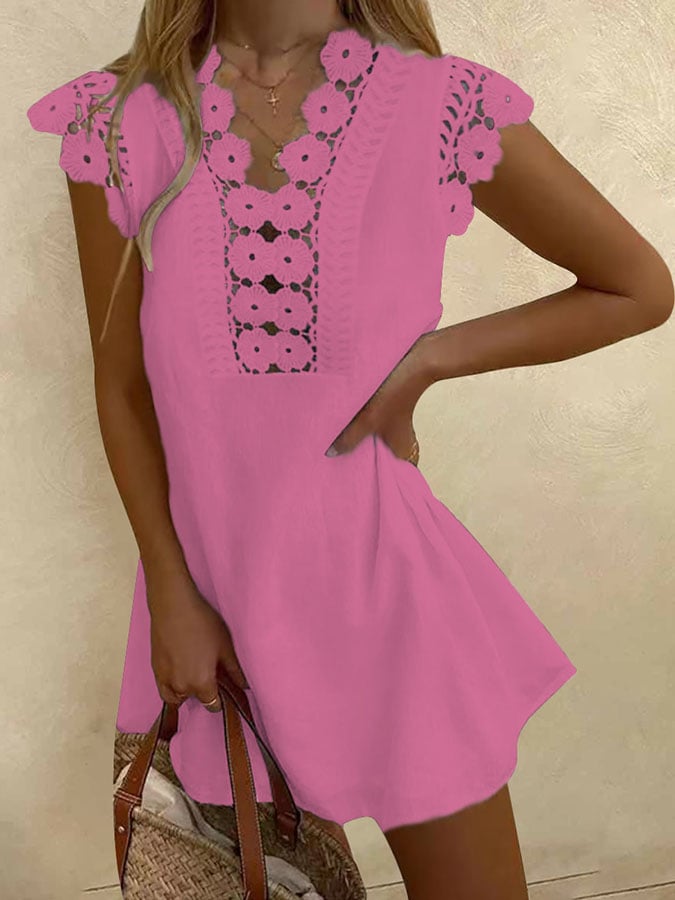 Solid Color Lace V-Neck Short Sleeve Casual Dress