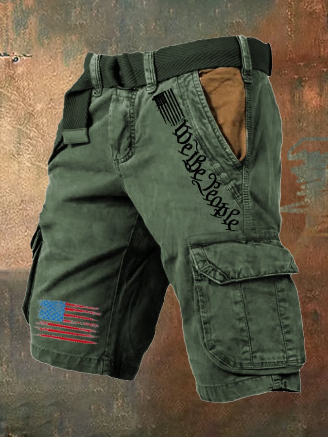 Men's Vintage Flag Independence Day Multi-Pocket Print Cargo Shorts (Belt Not Included)