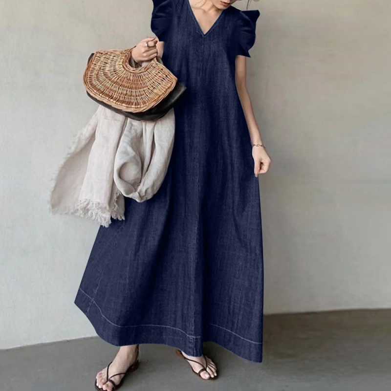 Vintage Plain V Neck Maxi Dress