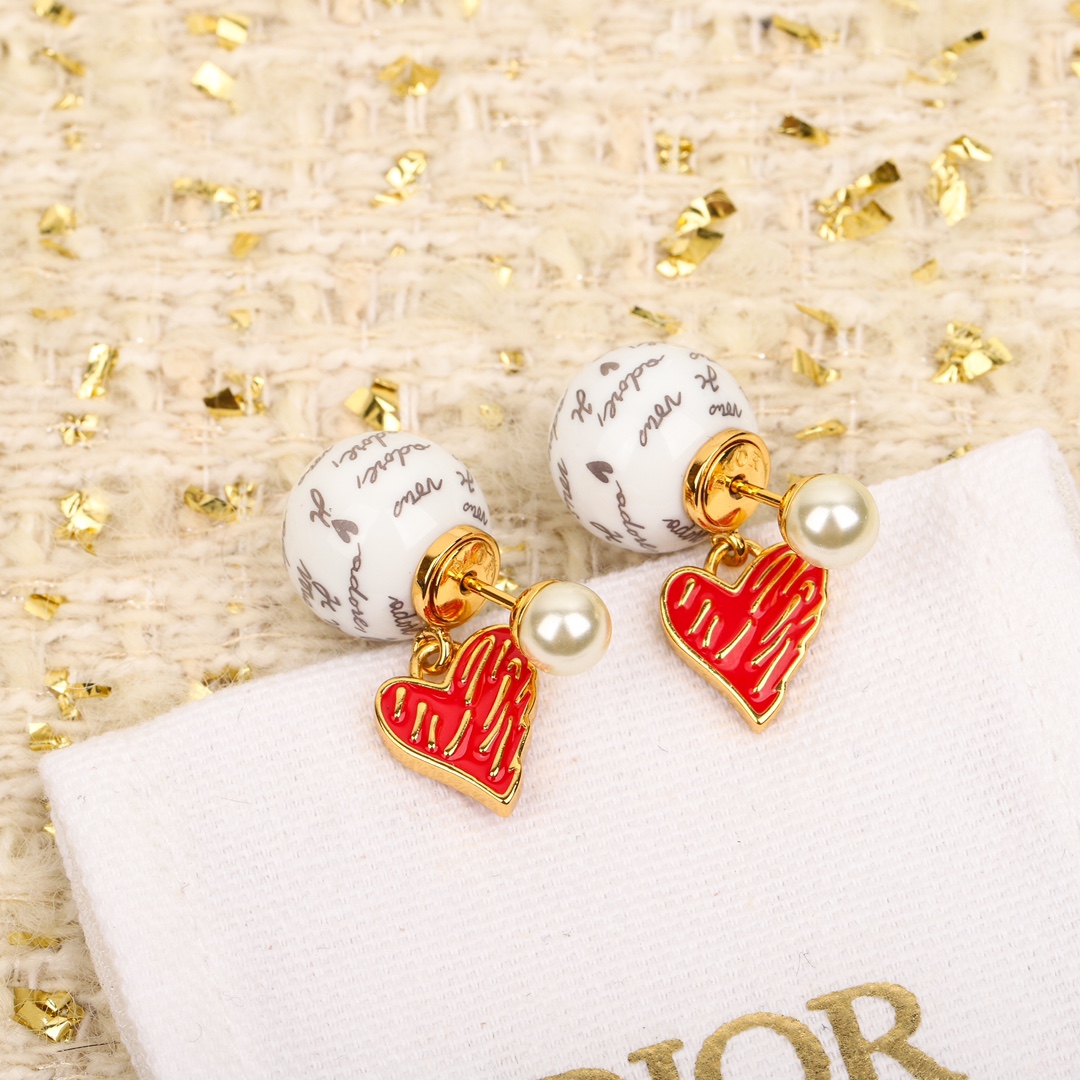 Dior Limited Edition Red Heart Letter Bead Earrings