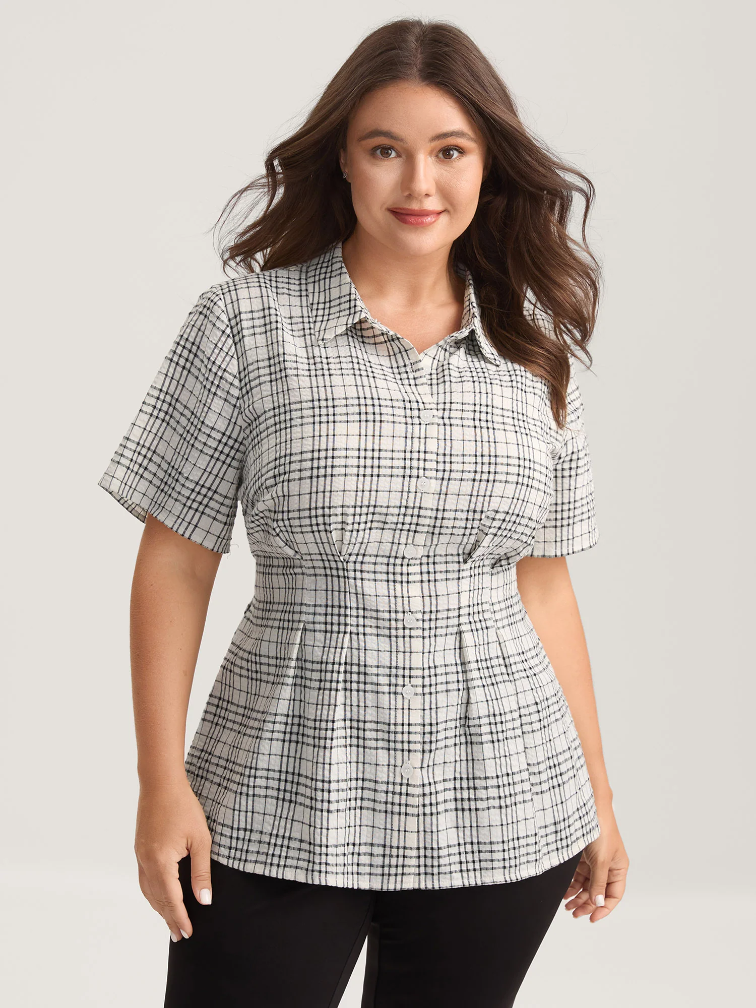 Cotton Plaid Sculpted Button Placket Blouse