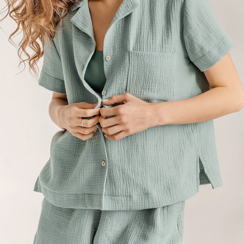 Women Summer Cotton Linen French Simplicity Sports Shirt Shorts Double Layer Gauze Pajamas Women Homewear
