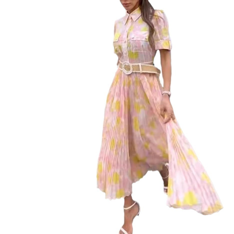 Elegant Lapel Printed Pleated Dress for Women