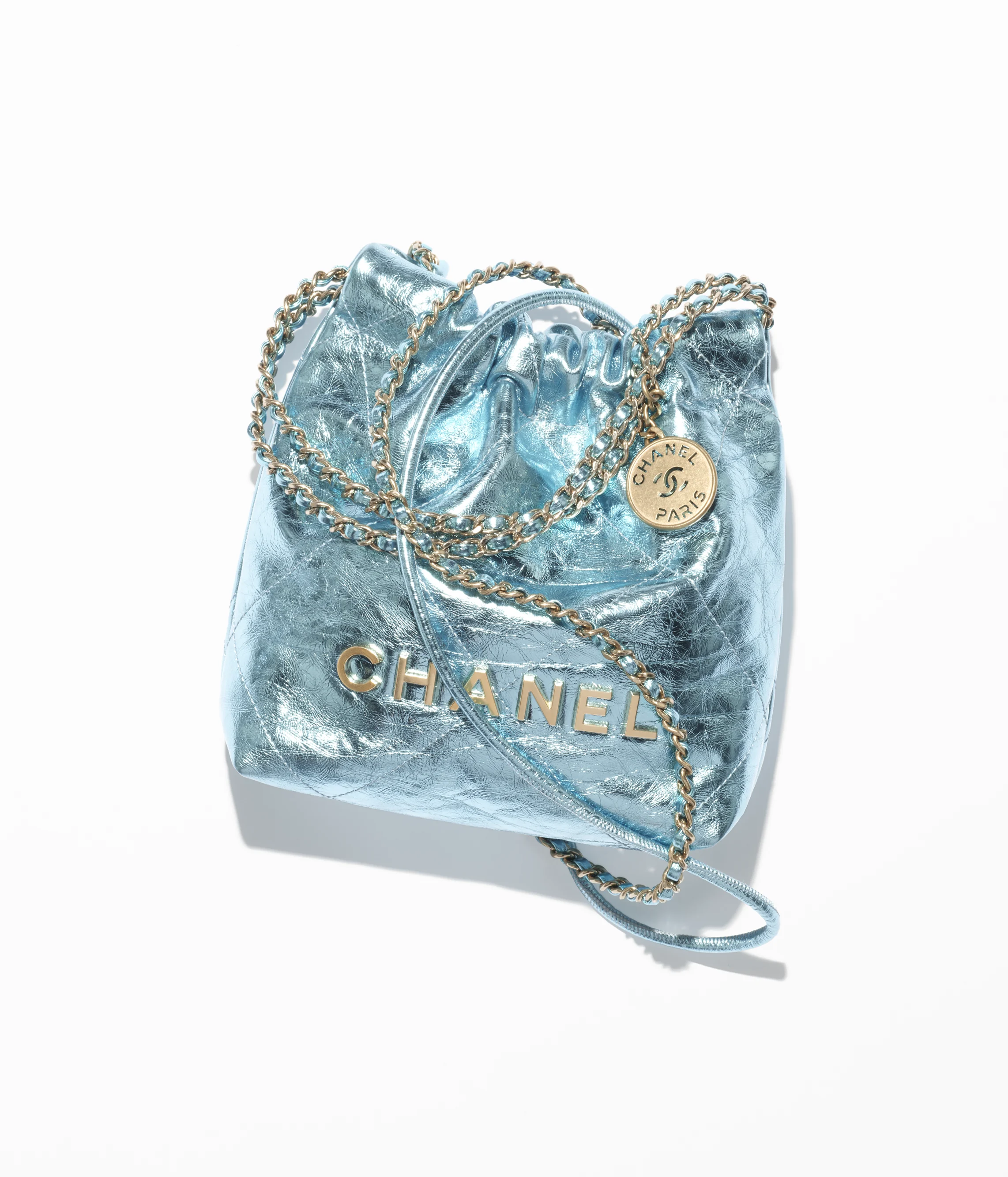 CHANEL 22 Mini Handbag Metallic Calfskin & Gold Metal Light Blue AS3980-B18806-NABKB