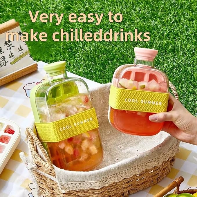 2-in-1 Ice Cube Water Bottle - Freeze & Sip with Touch-Free Release with Lid, Straw & Ice Bin