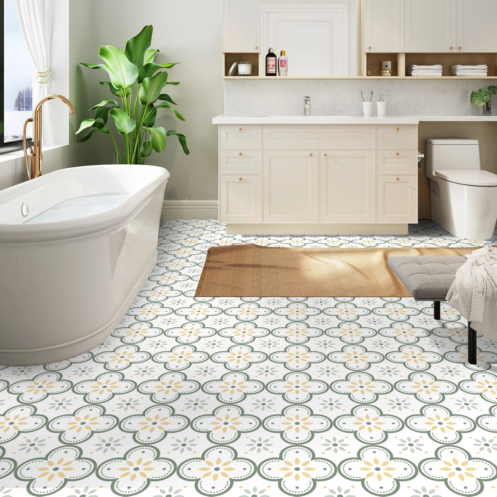 Green Flower Peel and Stick Vinyl Floor Tile Sticker