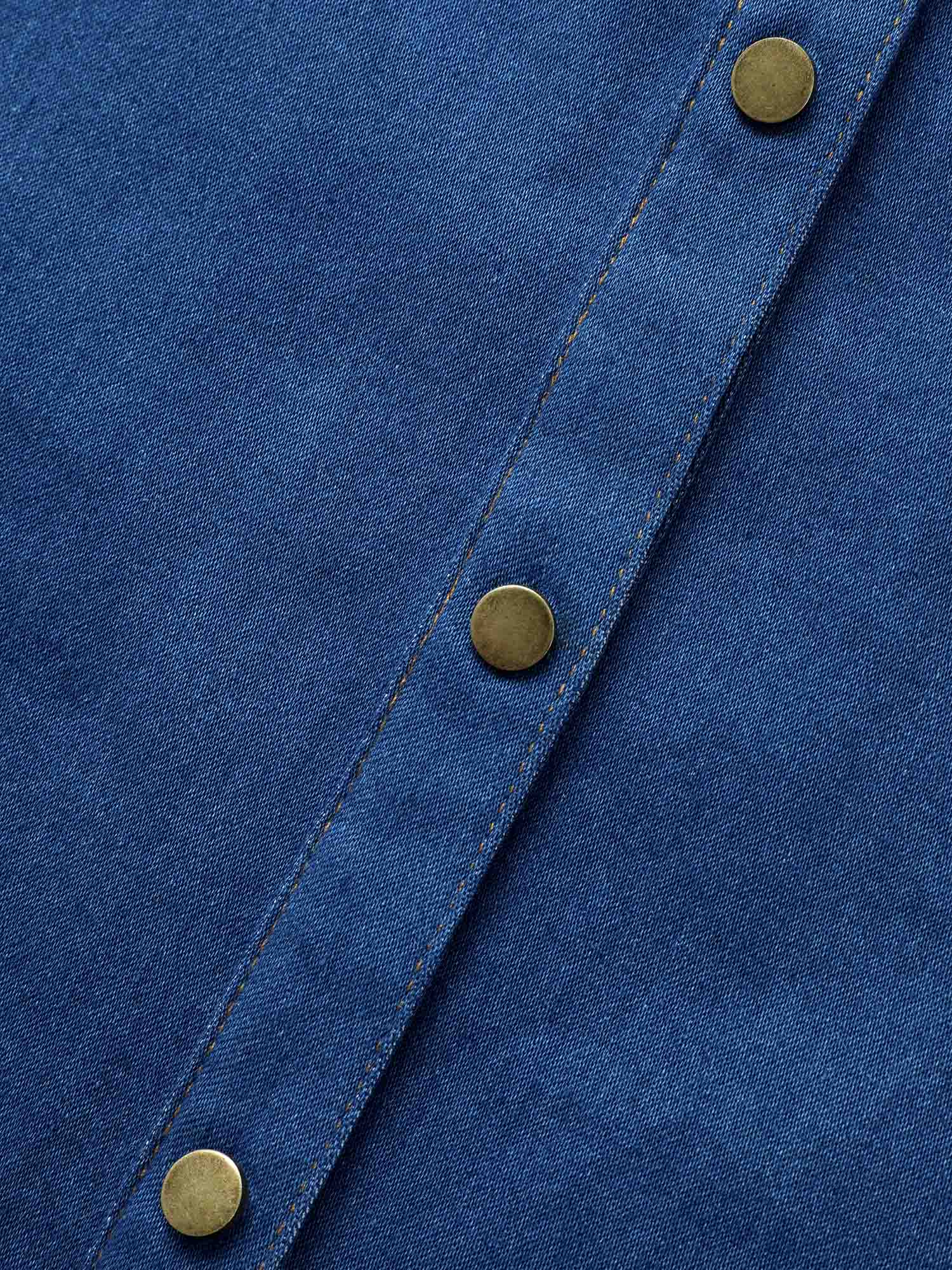 Stretch Denim Lotus Leaf Neckline Shirt